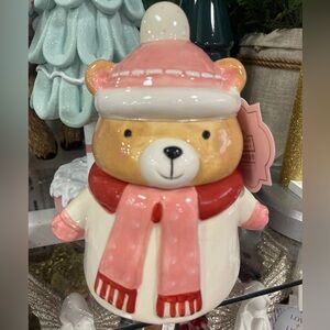 Pink Christmas Teddy Bear with Scarf Ceamic Candy Jar Canister Holiday Decor NWT